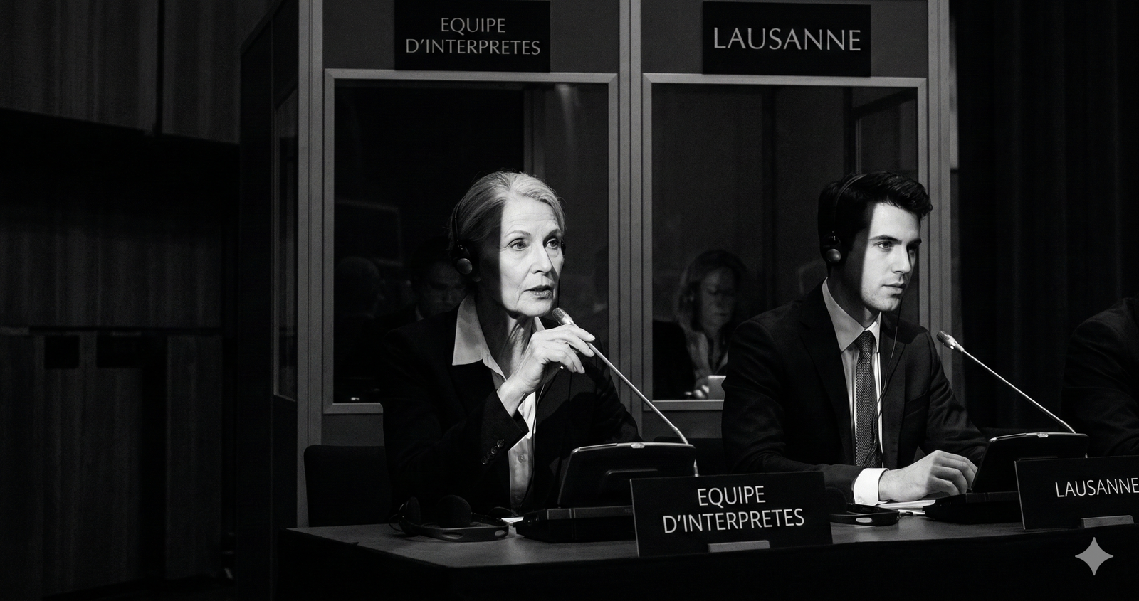 Équipe d'interprètes professionnels assurant l'interprétation simultanée lors d'un événement multilingue à Lausanne