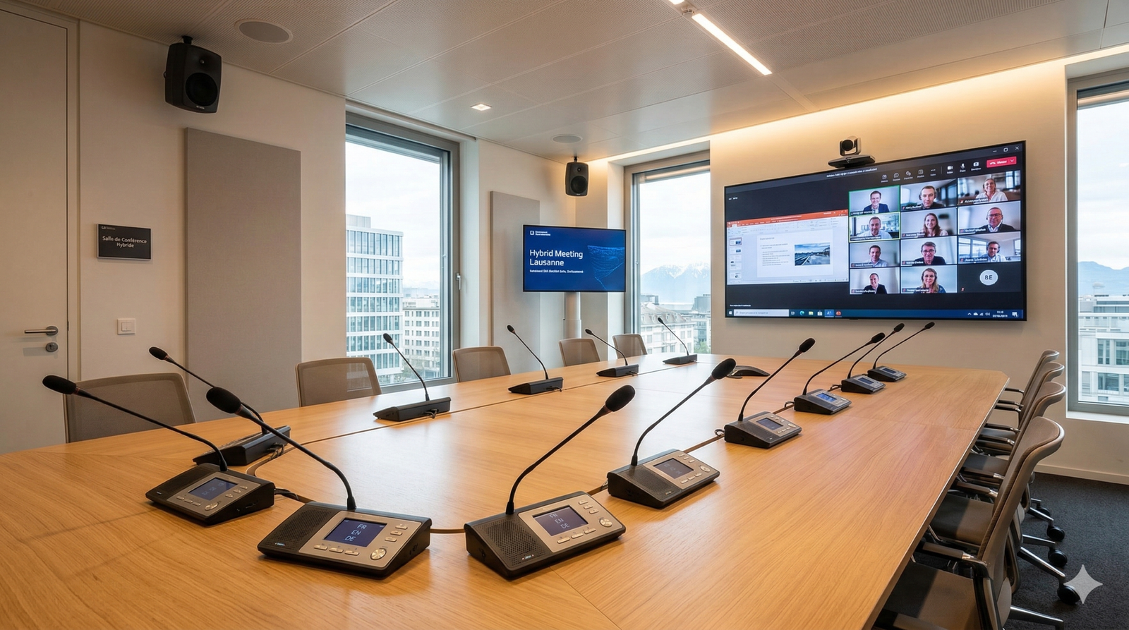 Salle de conférence équipée pour des réunions hybrides multilingues avec système audio professionnel à Lausanne
