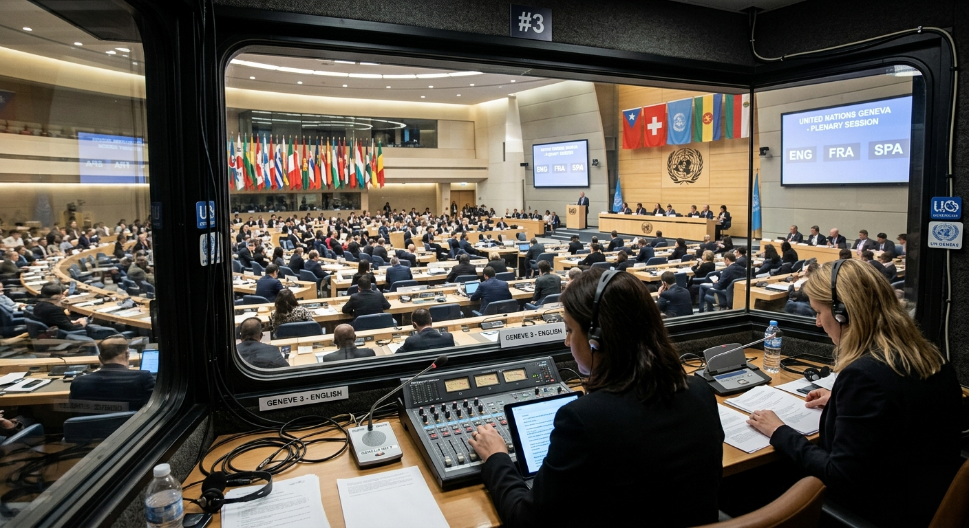 Interprètes de conférence en cabine insonorisée lors d'un sommet international à Genève. Interprétation simultanée Genève - Interprètes de conférence en cabine insonorisée lors d'un sommet international à Genève.