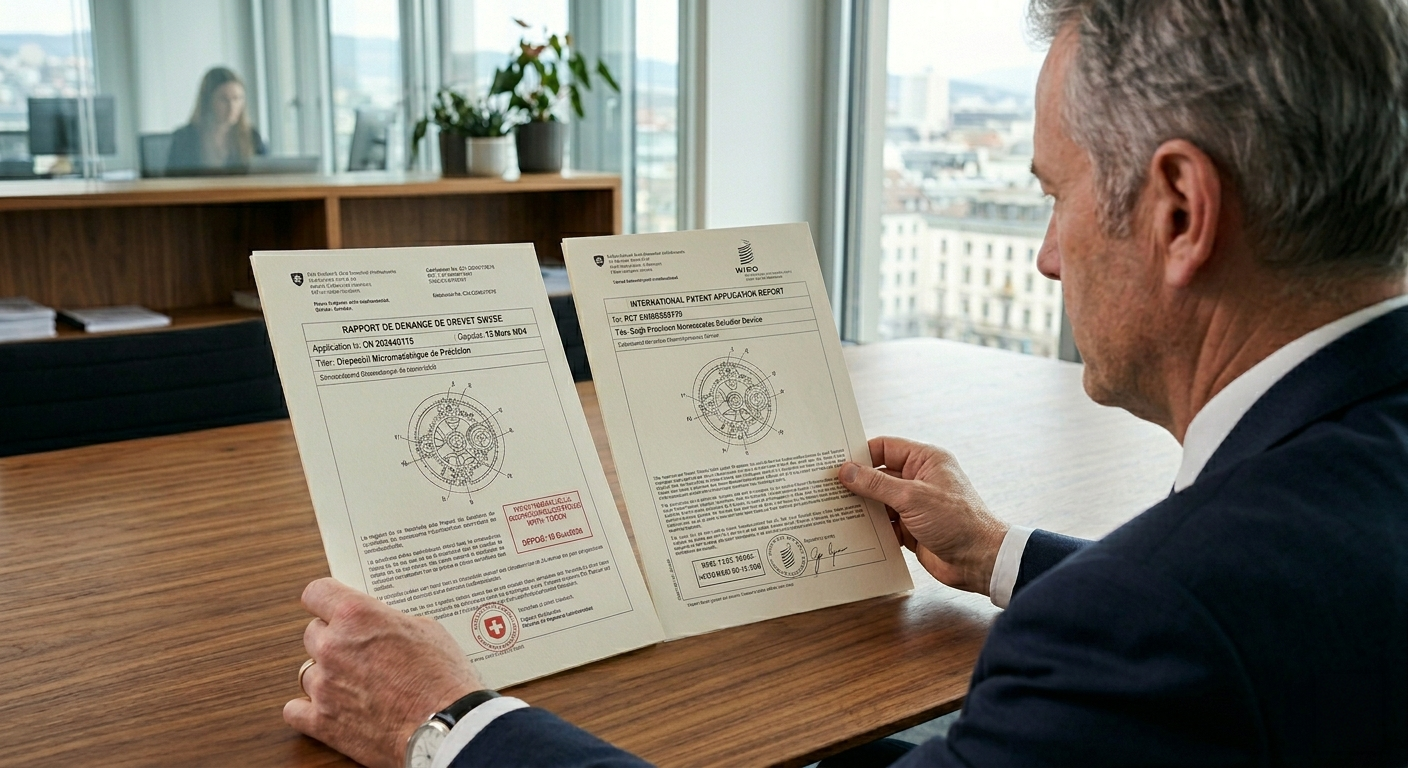 Traduction brevet suisse Traduction brevet suisse - Expert examinant les plans d'un brevet technologique pour une traduction certifiée en Suisse
