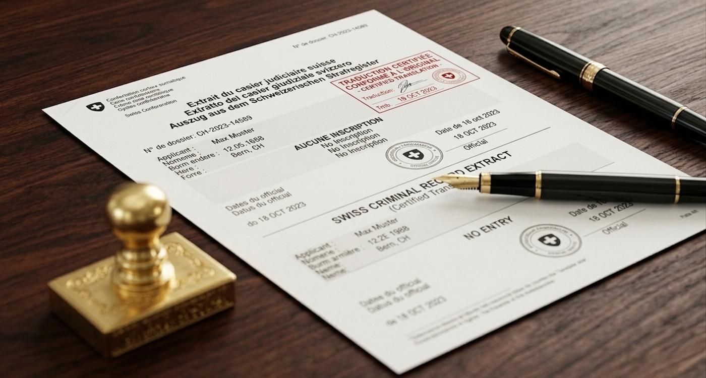 Traduction certifiée et officielle d'un extrait de casier judiciaire suisse sur un bureau