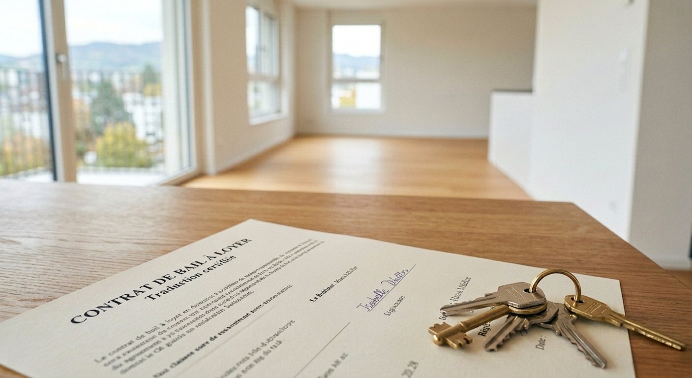Traduction contrat de bail suisse traduit posé sur une table avec des clés d'appartement