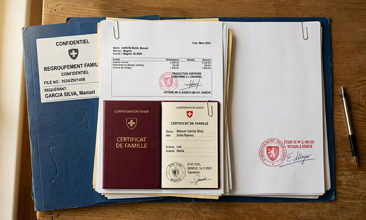 Dossier administratif de regroupement familial avec des fiches de paie traduites sur un bureau