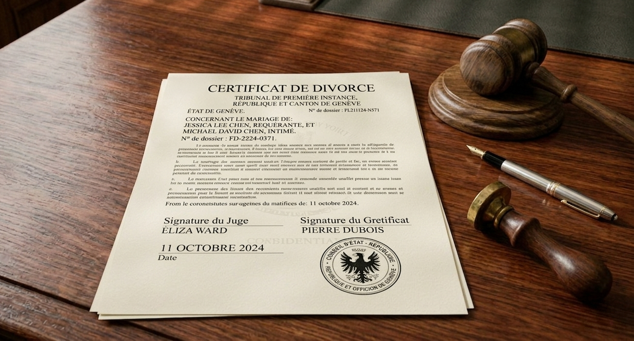Dossier de jugement de divorce hautement confidentiel avec un sceau sur un bureau en bois