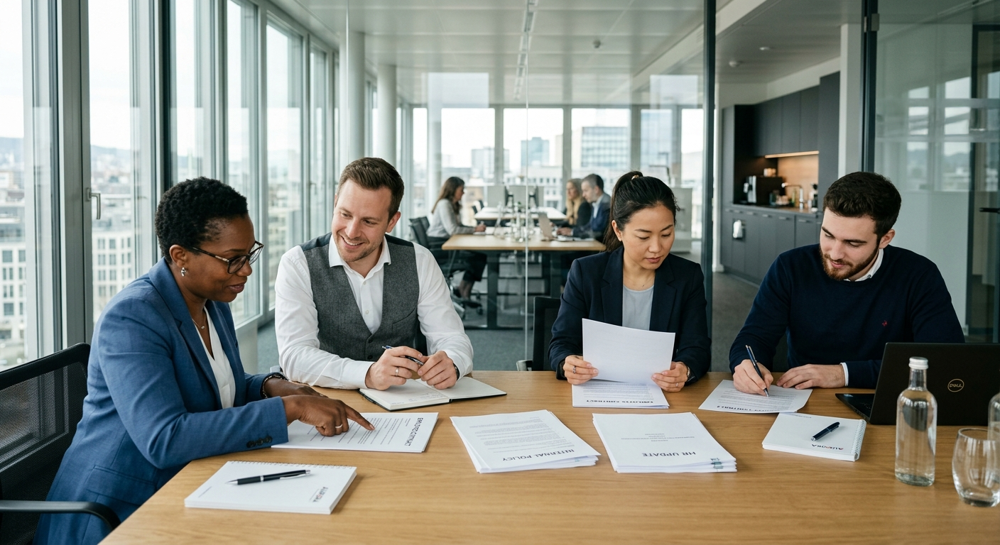 Traduction Ressources Humaines suisse - Équipe de professionnels des ressources humaines en réunion examinant des contrats de travail traduits